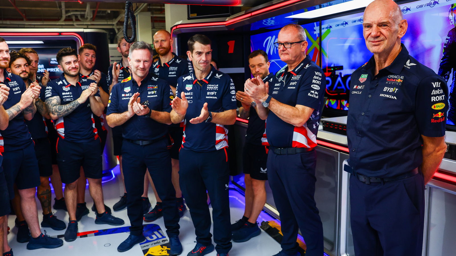 Adrian Newey addresses his Red Bull colleagues in Miami 