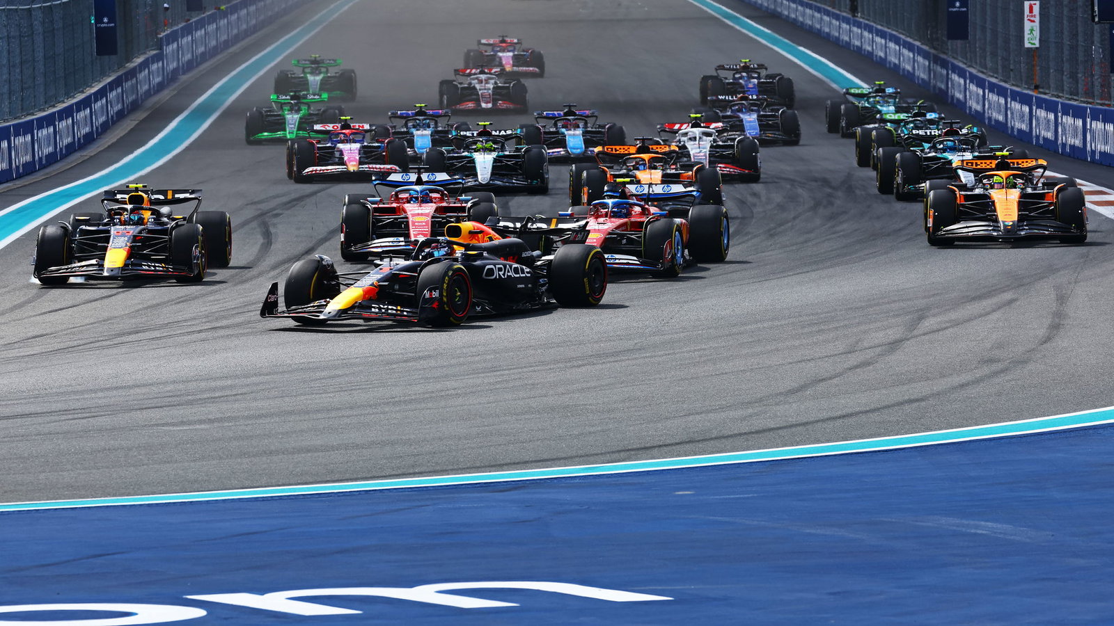 Sergio Perez and Max Verstappen came perilously close to contact at the start