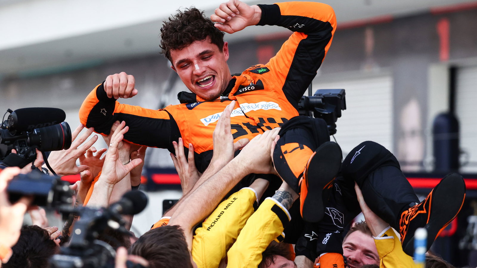 Lando Norris celebrates his breakthrough F1 win