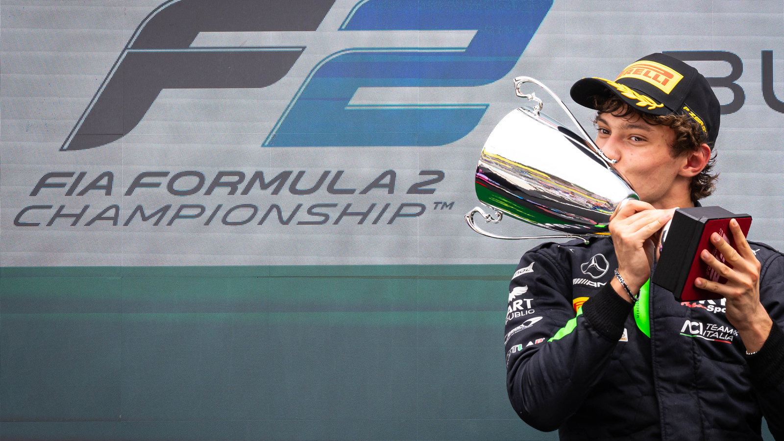 Kimi Antonelli celebrates his first F2 feature race win