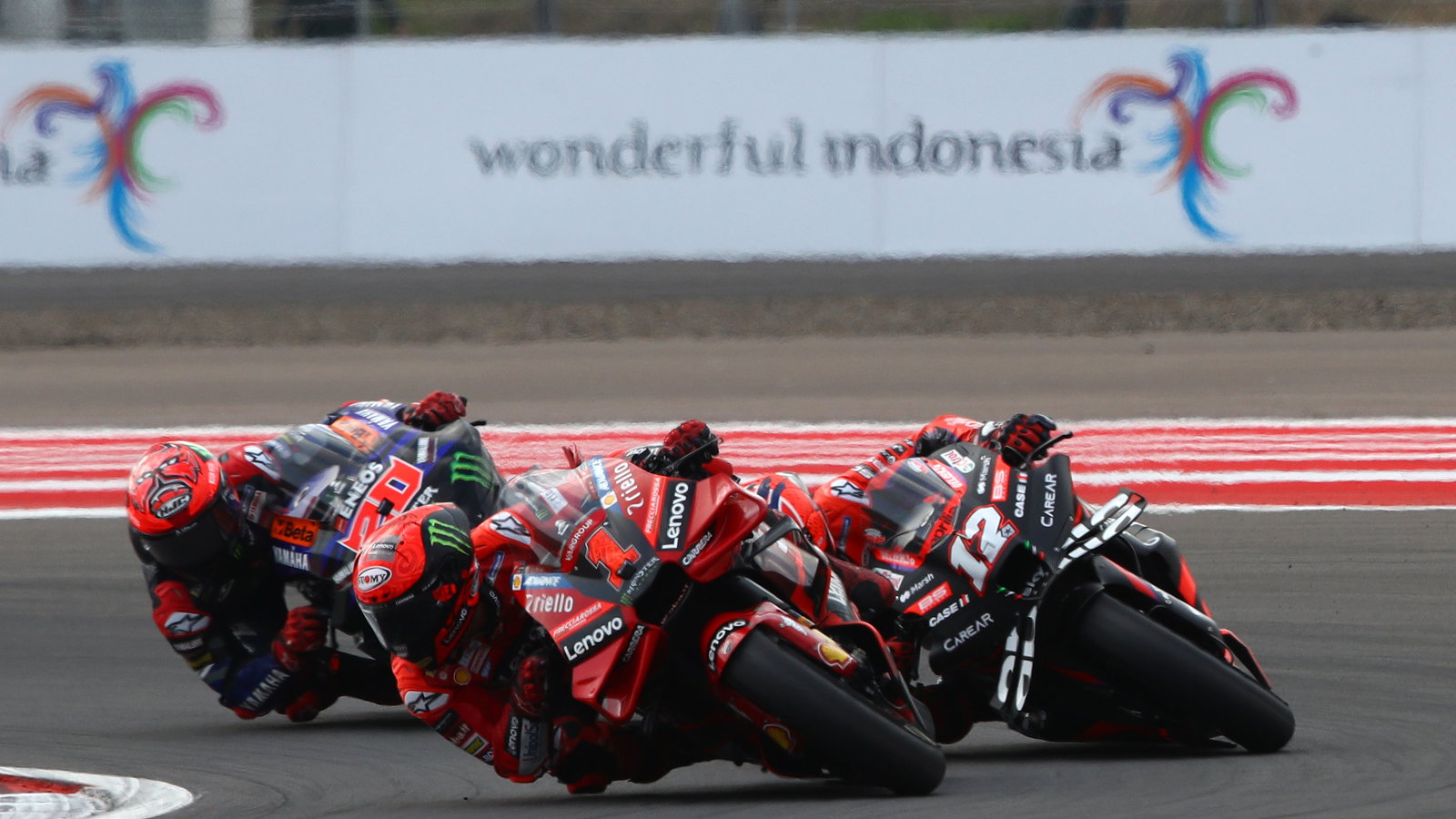 Francesco Bagnaia (Ducati Lenovo Team), Maverick Vinales (Aprilia Racing), Fabio Quartararo (Monster Energy Yamaha), Indonesian Grand Prix 2023