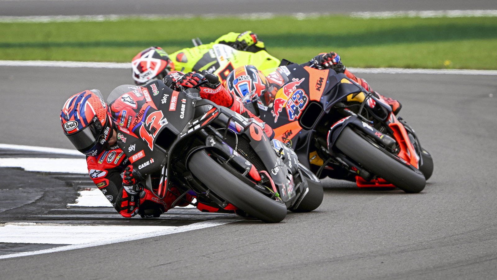 Maverick Vinales, Jack Miller, Fabio Di Giannantonio, 2024 MotoGP British Grand Prix. - Gold and Goose.