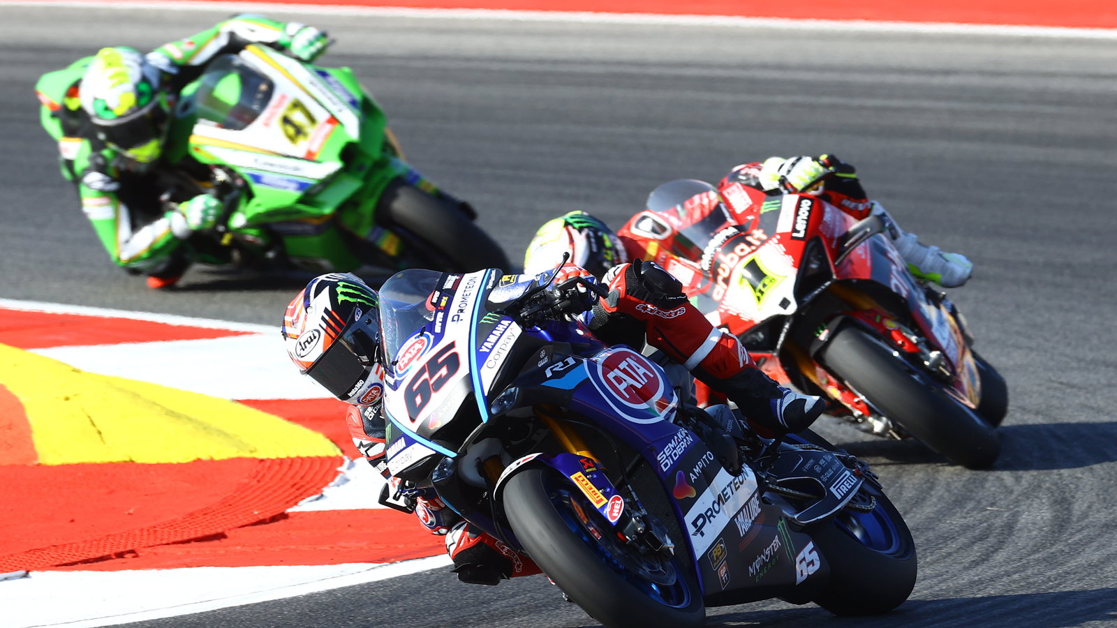 Jonathan Rea, Alvaro Bautista, Axel Bassani, 2024 Portuguese WorldSBK. - Gold and Goose.