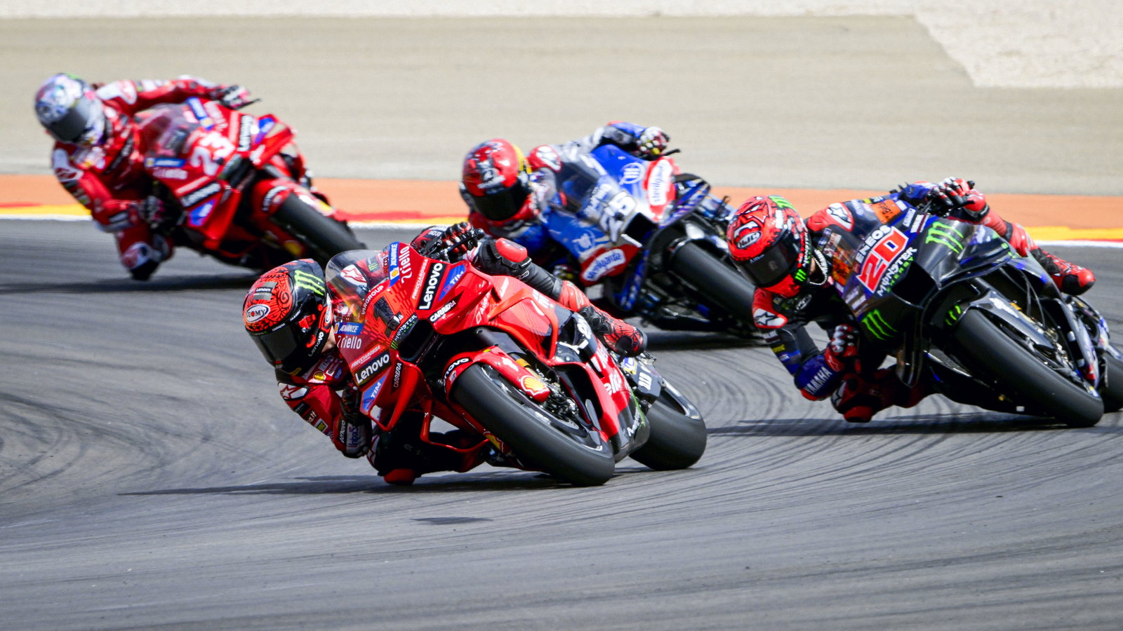 Francesco Bagnaia, Fabio Quartararo, Raul Fernandez, Enea Bastianini, 2024 MotoGP Aragon Grand Prix. Credit: Gold and Goose.