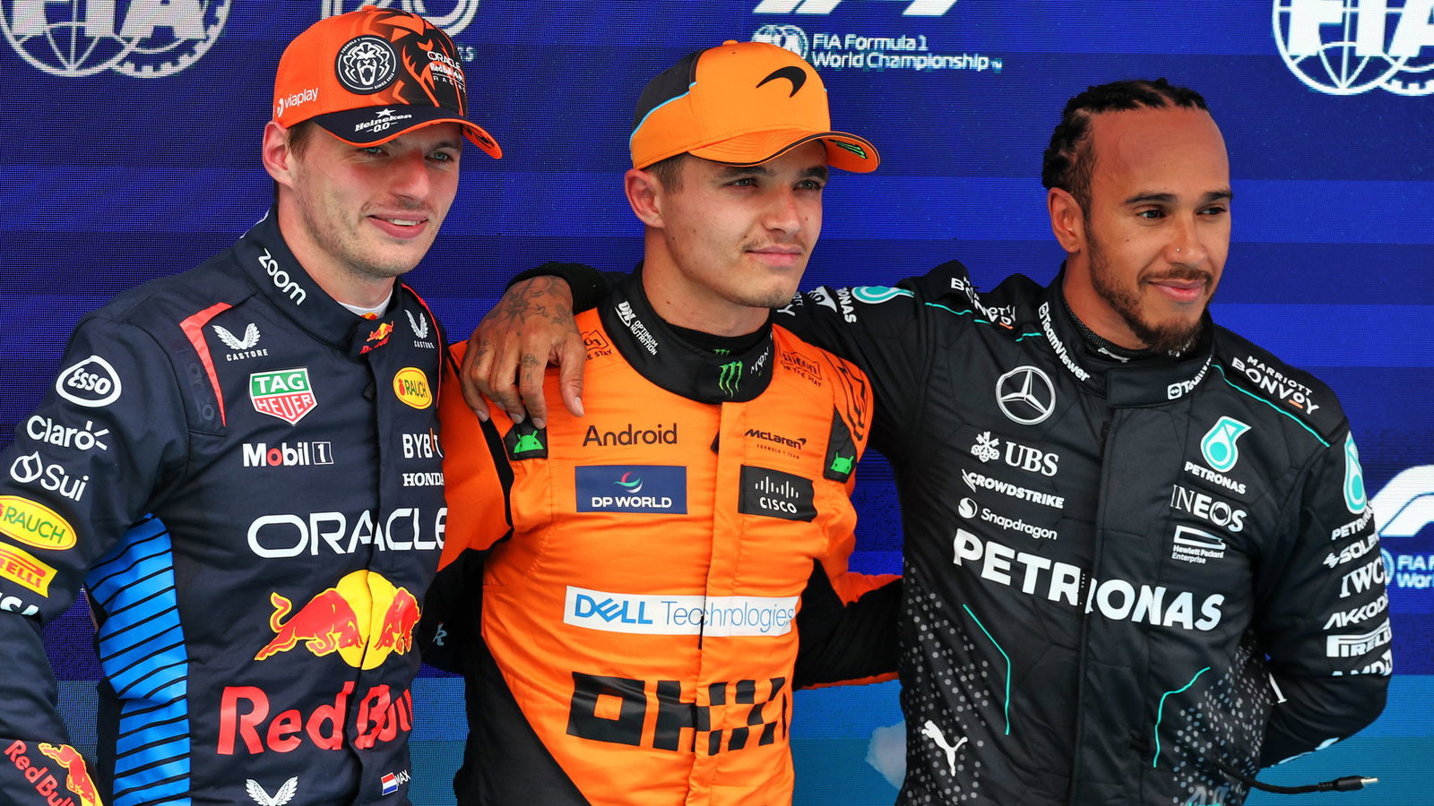 Max Verstappen, Lando Norris and Lewis Hamilton
