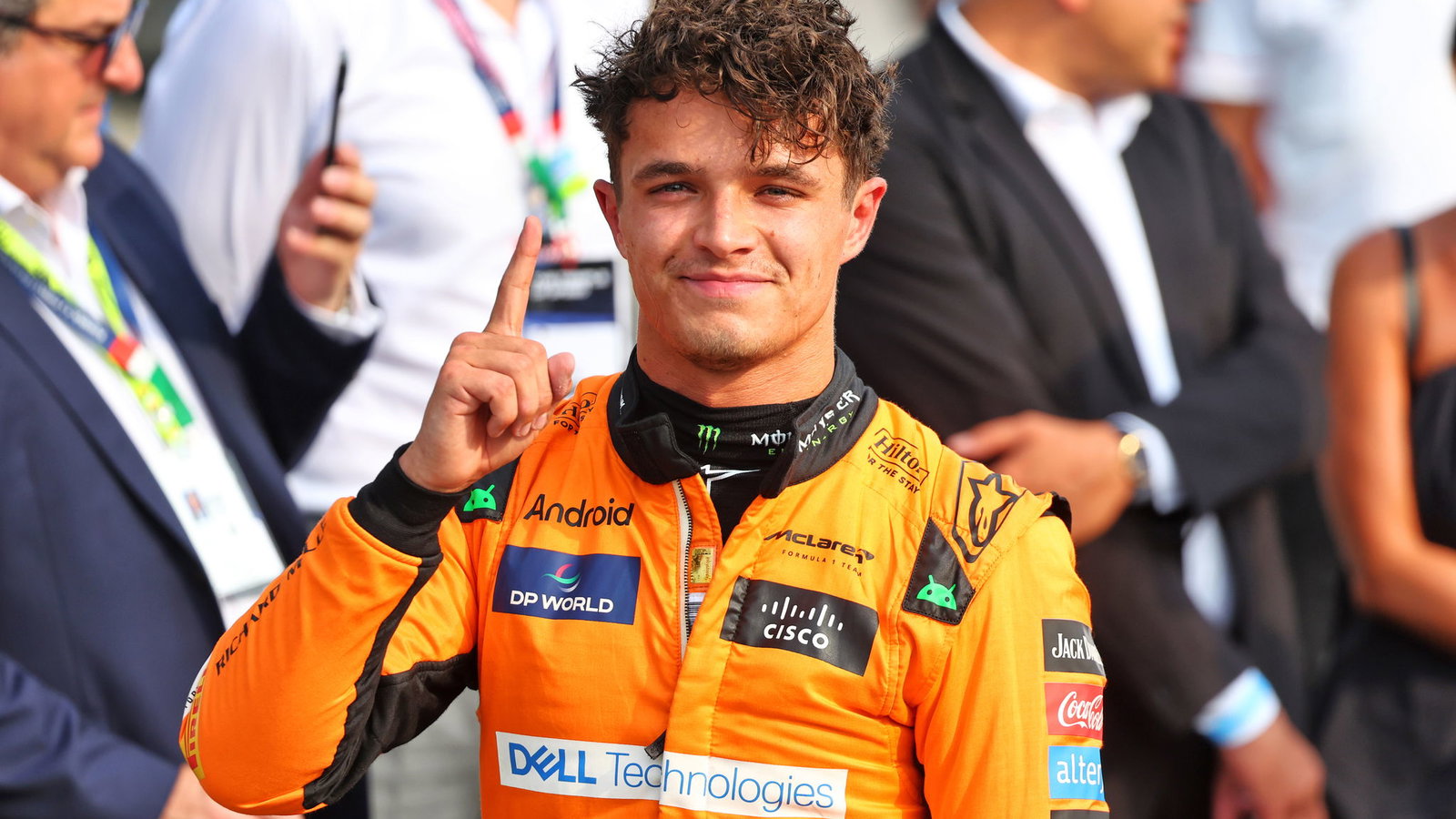 Lando Norris celebrates pole position 