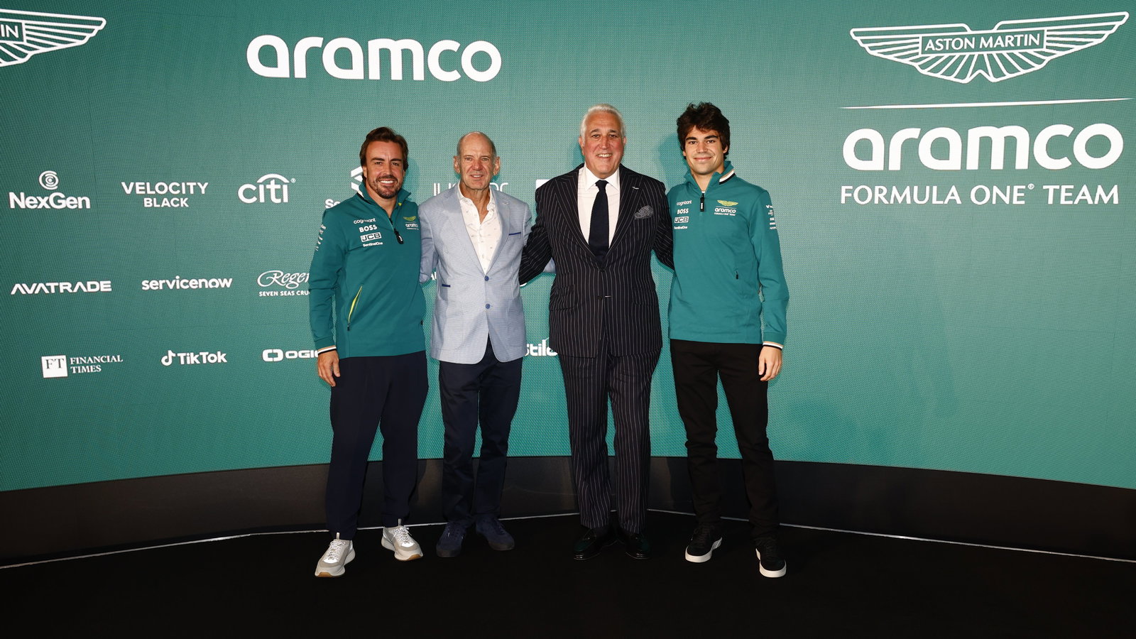 Fernando Alonso, Adrian Newey, Lawrence Stroll and Lance Stroll