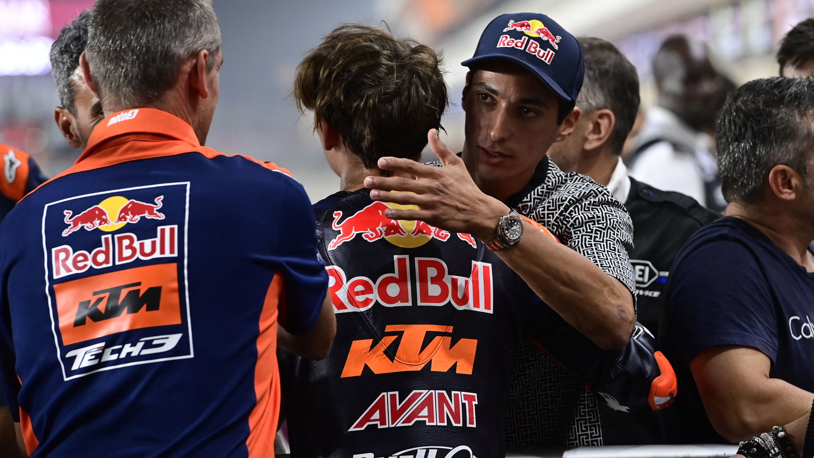 Toprak Razgatlioglu, Deniz Oncu, 2023 Moto3 Qatar Grand Prix, parc ferme. Credit: Gold and Goose.