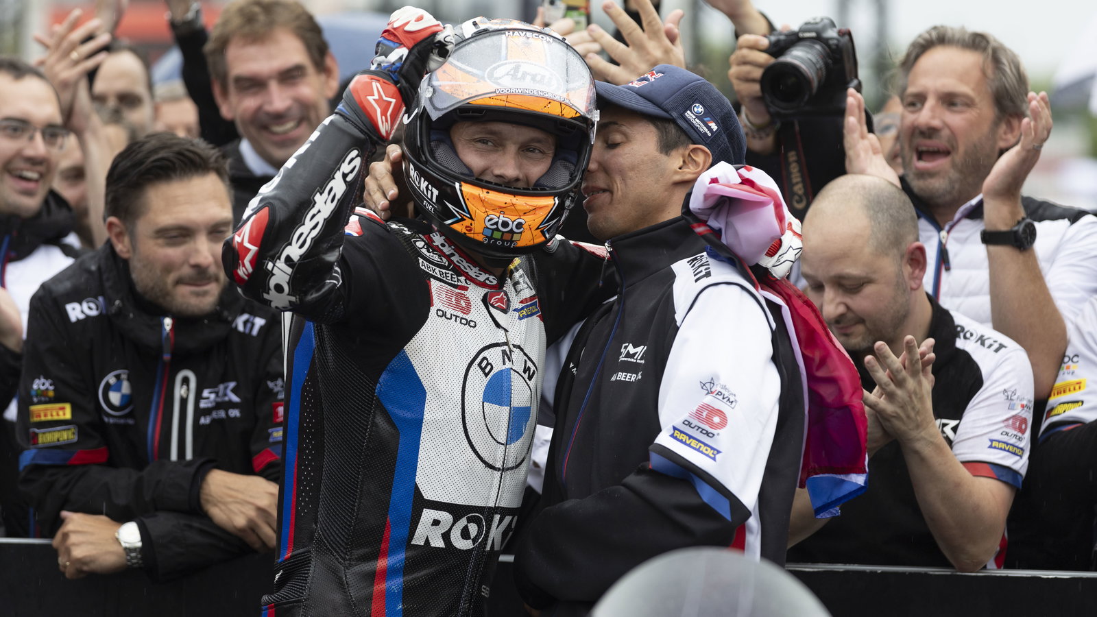 Michael van der Mark, Toprak Razgatlioglu, 2024 French WorldSBK, parc ferme. - Gold and Goose