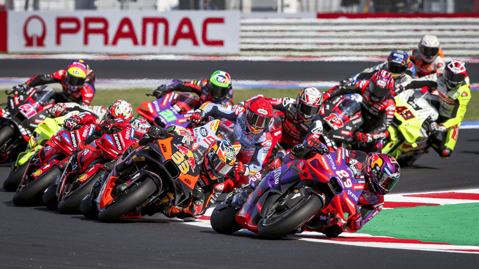 Jorge Martin leads at Turn 1, 2024 Emilia Romagna MotoGP Sprint