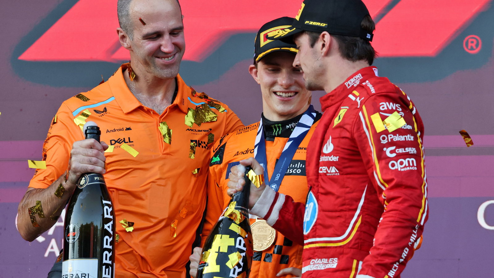 Oscar Piastri, race engineer Tom Stallard and Charles Leclerc