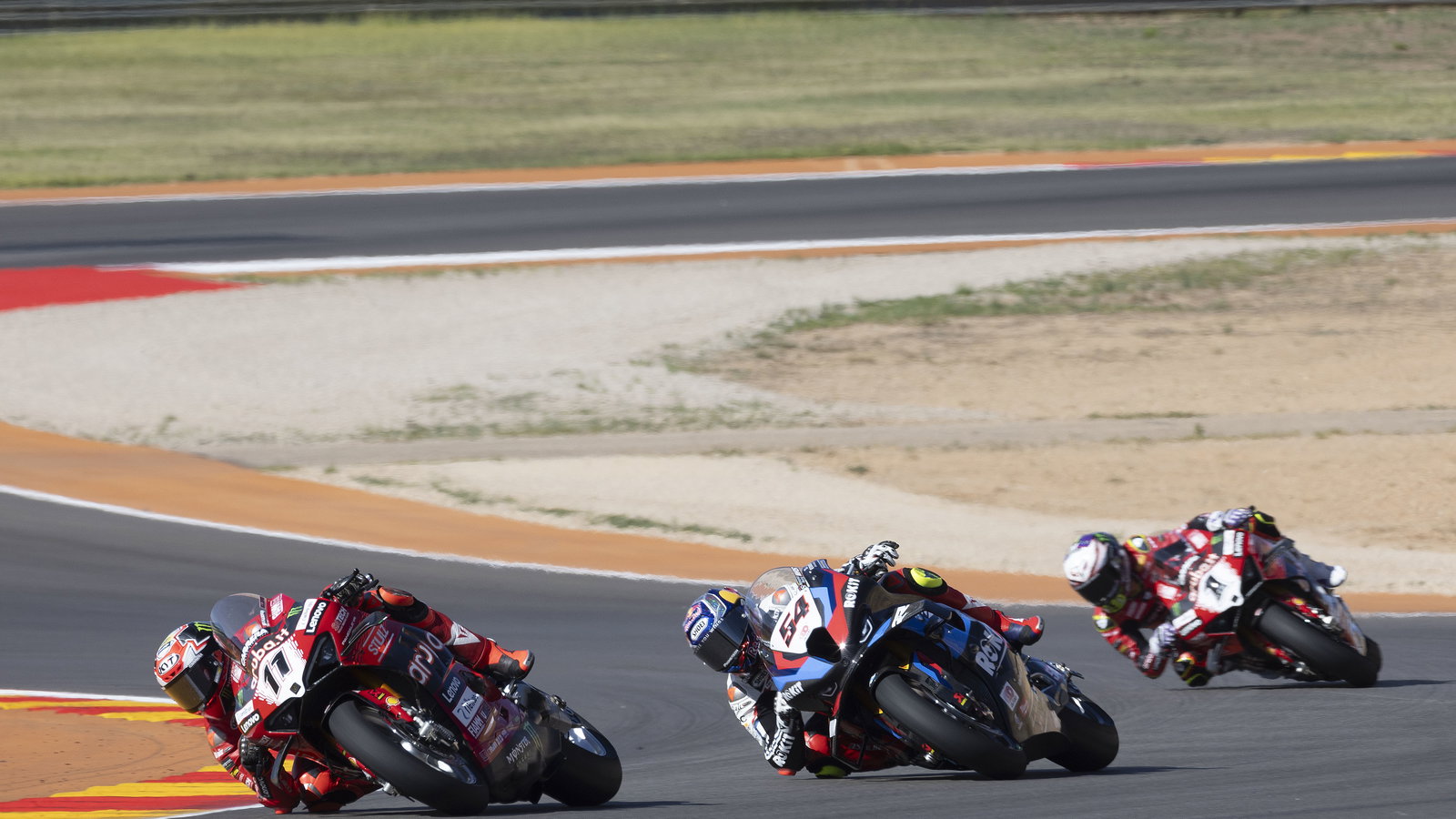 Nicolo Bulega, Toprak Razgatlioglu, Alvaro Bautista, 2024 Aragon WorldSBK. Credit: Gold and Goose.