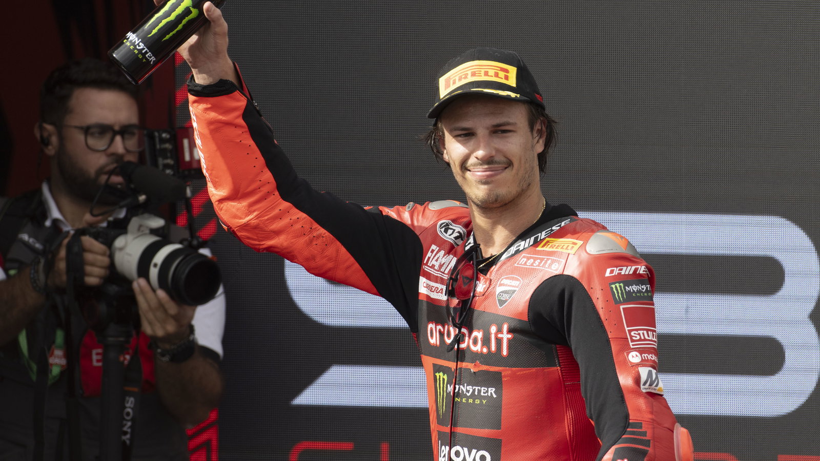 Nicolo Bulega, 2024 Estoril WorldSBK, podium. Credit: Gold and Goose.