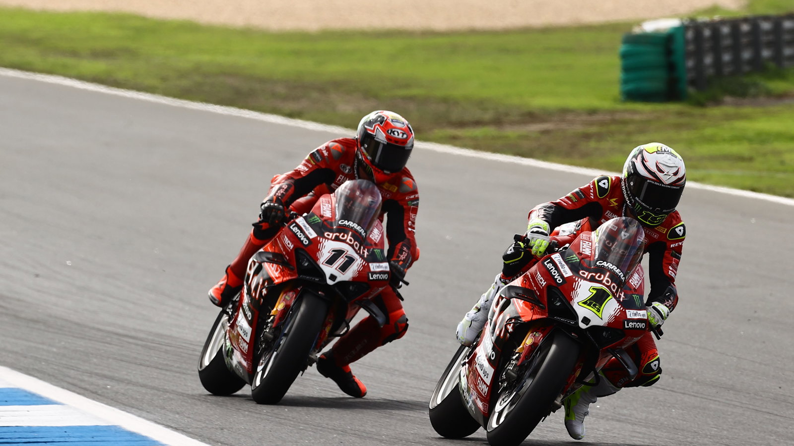Alvaro Bautista leads Nicolo Bulega, 2024 Estoril WorldSBK. Credit: Gold and Goose