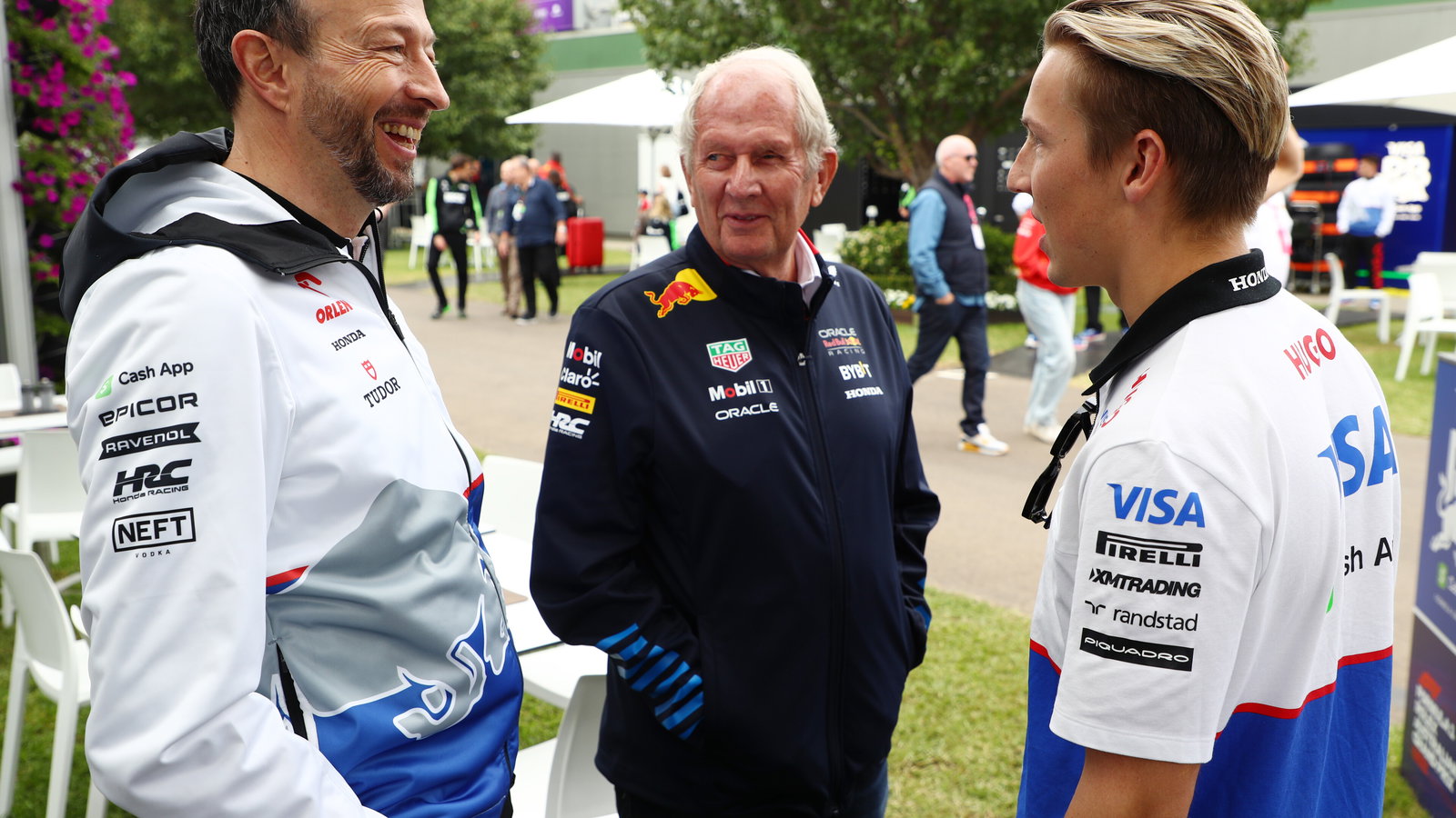 RB CEO Peter Bayer, Helmut Marko and Liam Lawson 