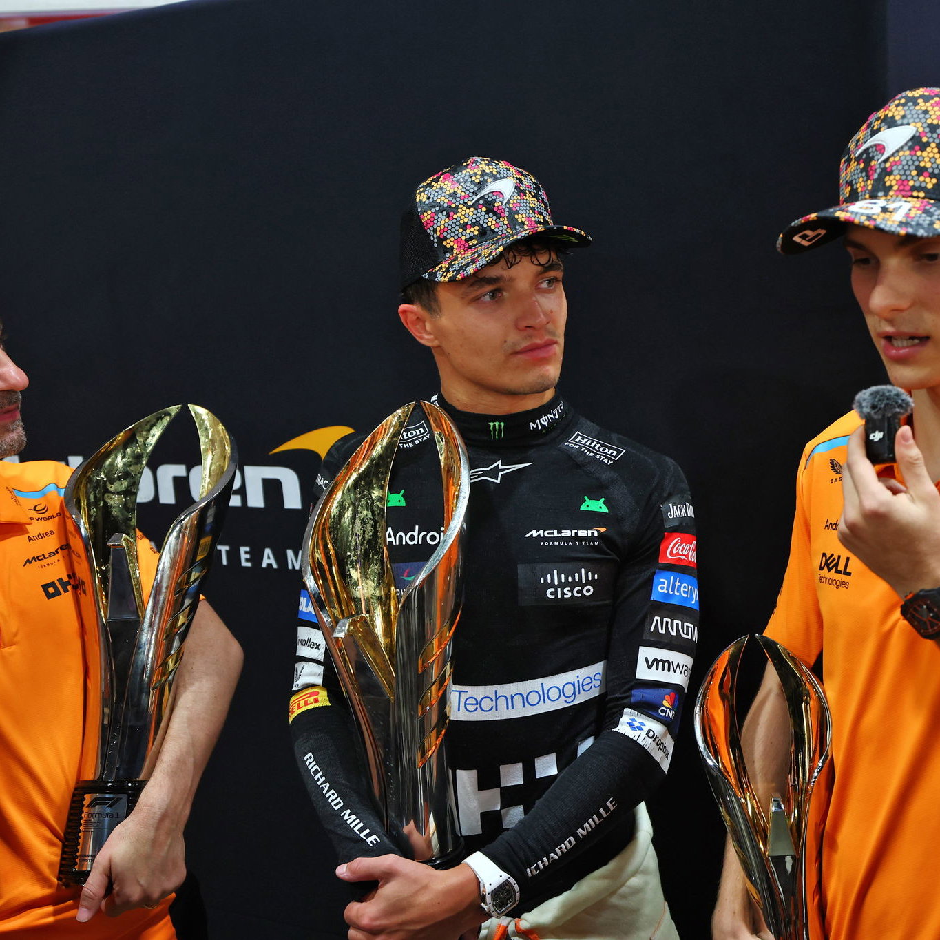 Andrea Stella, Lando Norris and Oscar Piastri