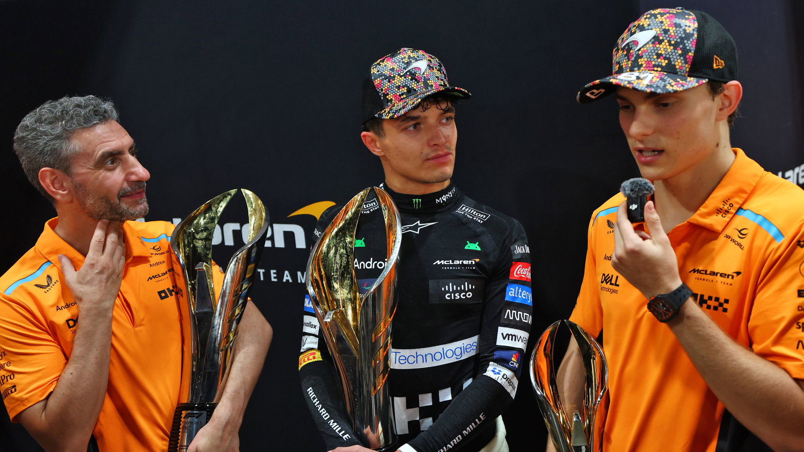 Andrea Stella, Lando Norris and Oscar Piastri