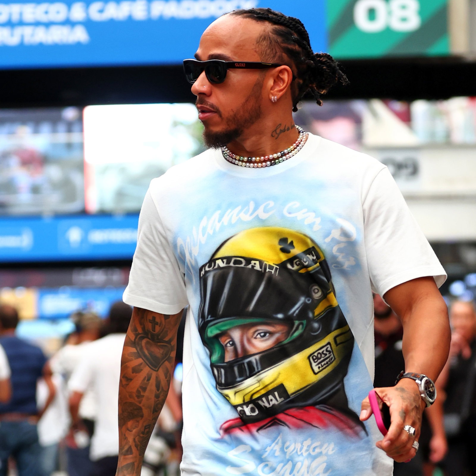 Lewis Hamilton wore an Ayrton Senna tribute t-shirt on Thursday 