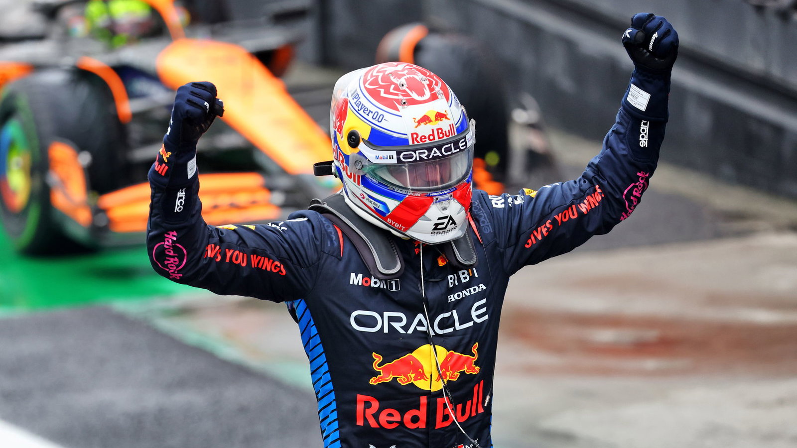 Max Verstappen celebrates after ending his 10-race winless streak