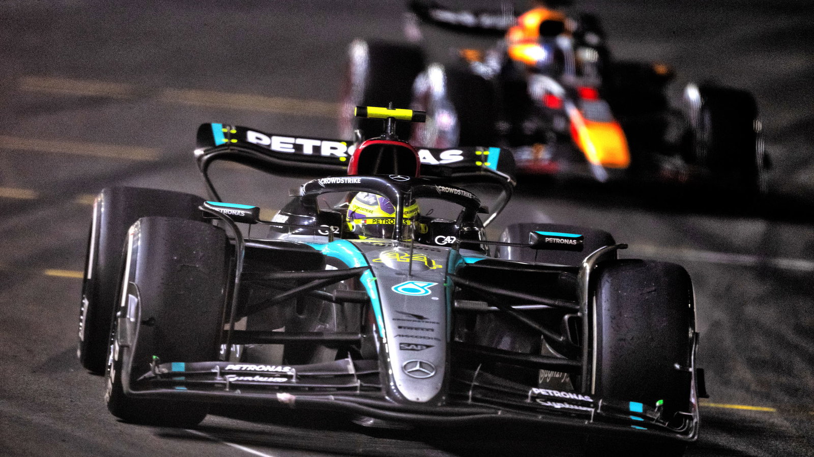 Lewis Hamilton on track in Vegas 