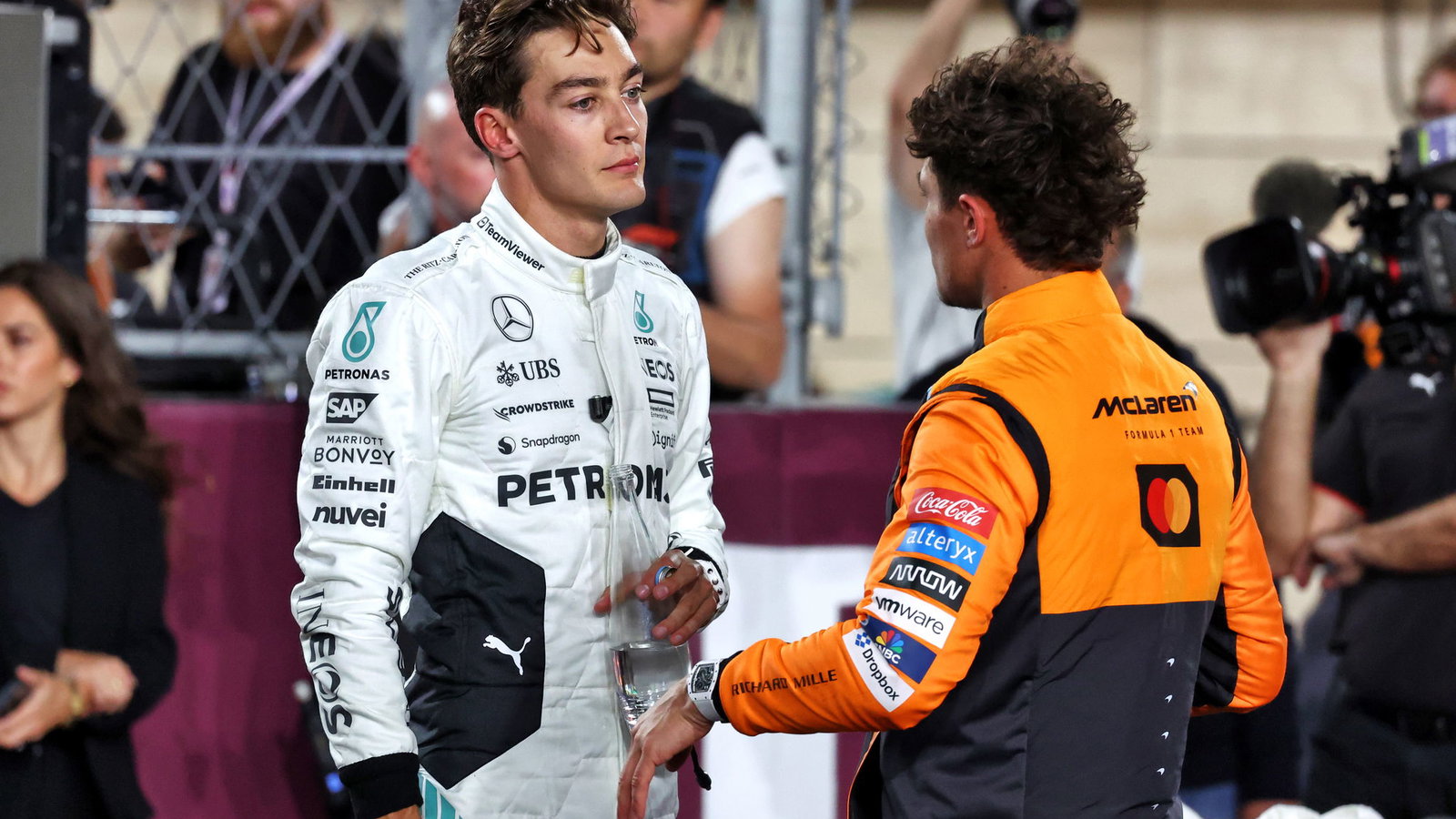 George Russell and Lando Norris in parc ferme 