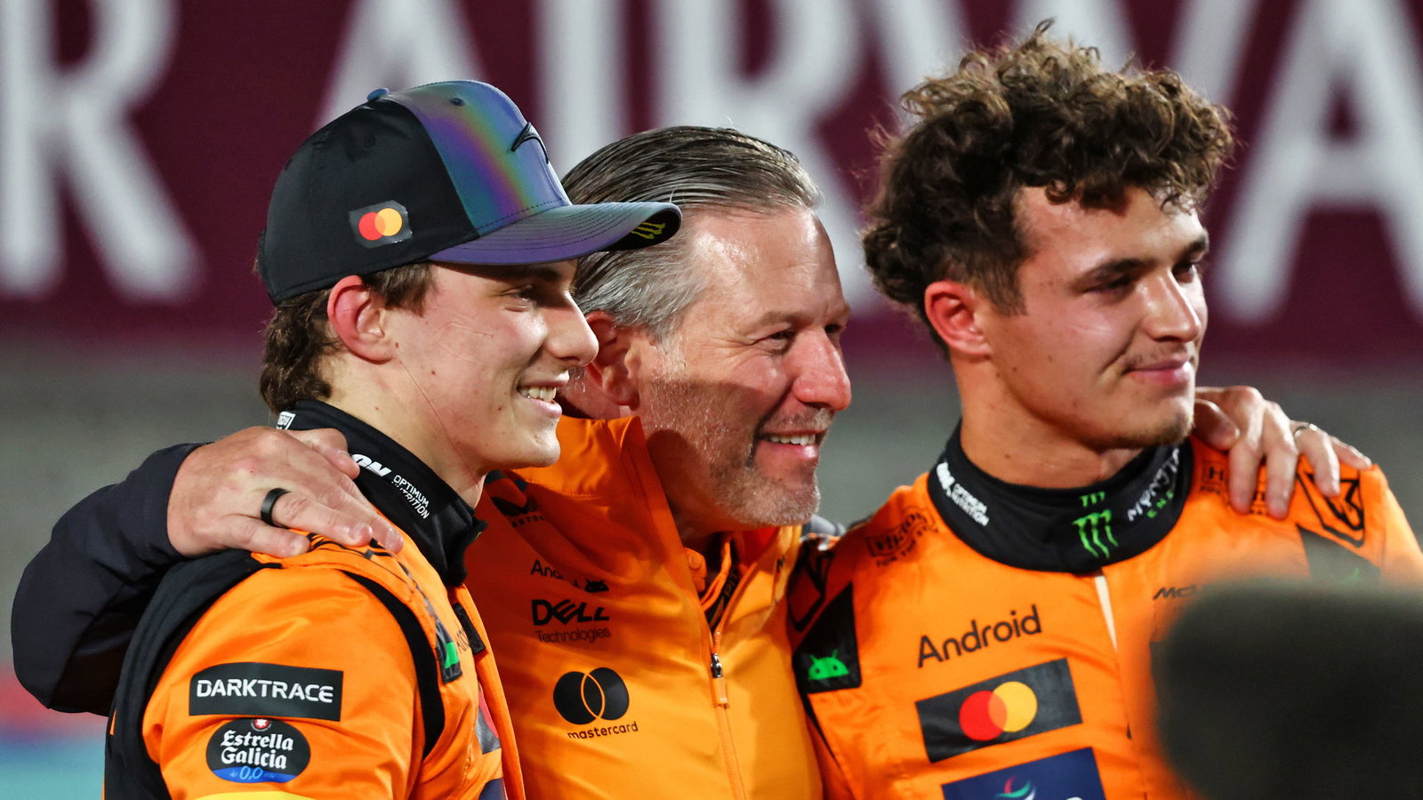 Oscar Piastri, Zak Brown and Lando Norris