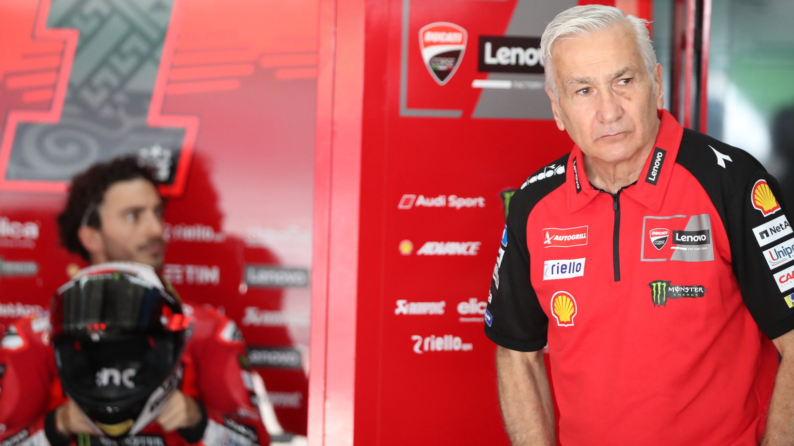 Davide Tardozzi, Francesco Bagnaia, 2024 MotoGP Sepang Test, pit box. Credit: Gold and Goose.