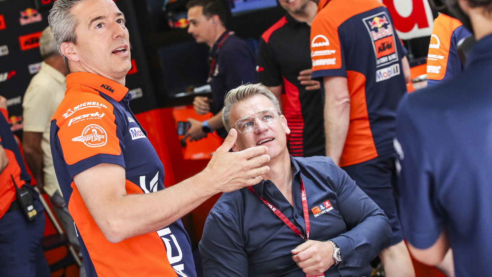 Francesco Guidotti, Pit Beirer, 2024 MotoGP Catalan Grand Prix, Red Bull KTM pit box. Credit: Gold and Goose.