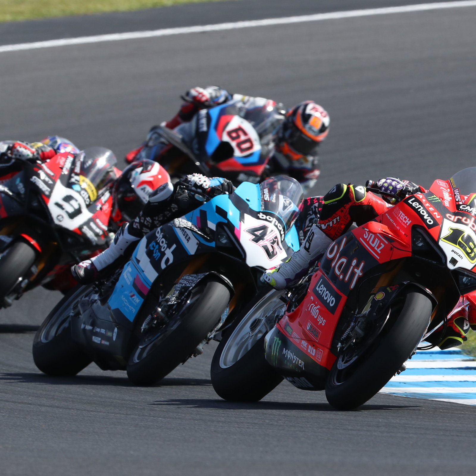 Alvaro Bautista leads Scott Redding, 2025 Australian WorldSBK. Credit: Gold and Goose.