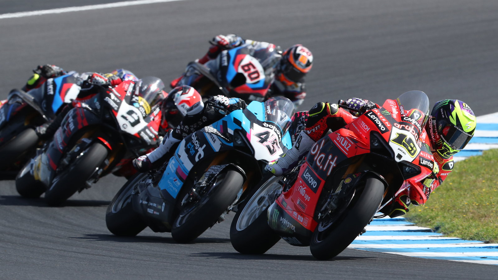 Alvaro Bautista leads Scott Redding, 2025 Australian WorldSBK. Credit: Gold and Goose.
