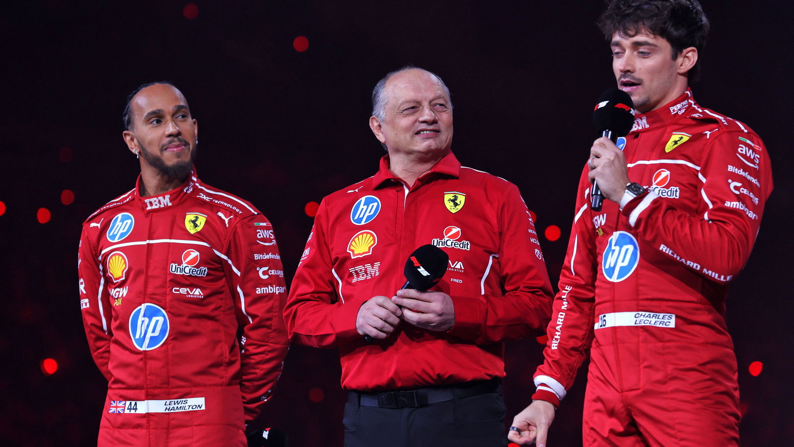 Lewis Hamilton and Charles Leclerc with team boss Fred Vasseur