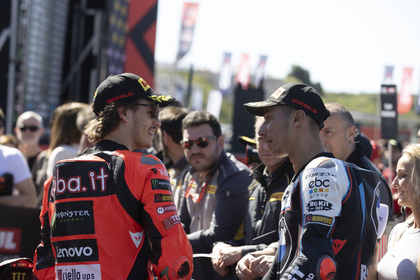 Nicolo Bulega, Toprak Razgatlioglu, 2025 Portuguese WorldSBK, parc ferme. Credit: Gold and Goose.