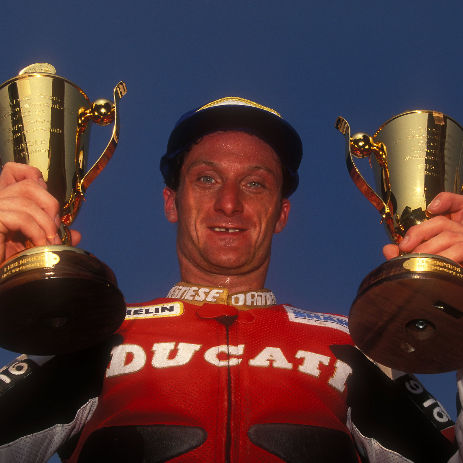 Carl Fogarty after winning both races at the 1995 German World Superbike. Credit: Gold and Goose.