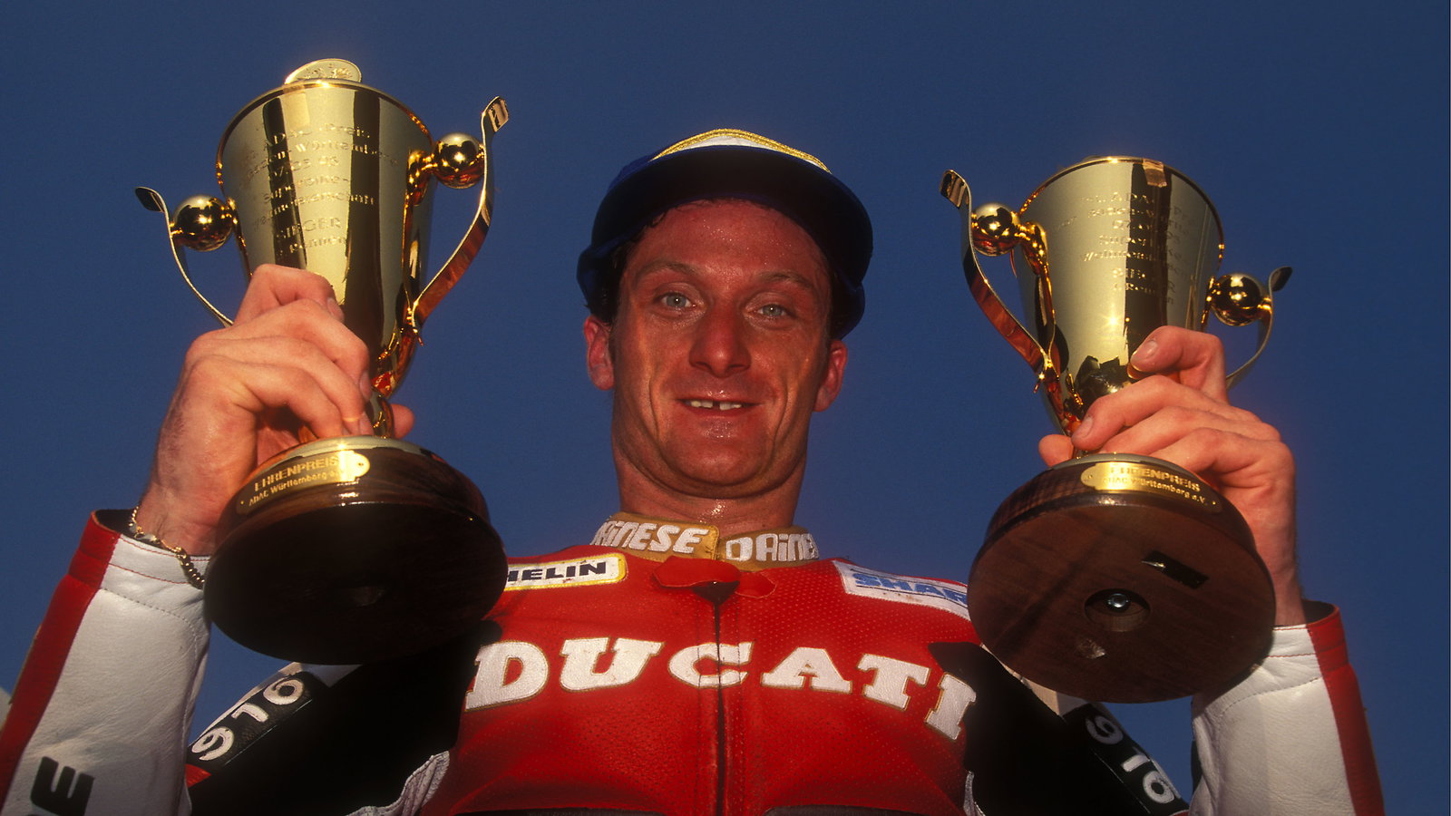 Carl Fogarty after winning both races at the 1995 German World Superbike. Credit: Gold and Goose.