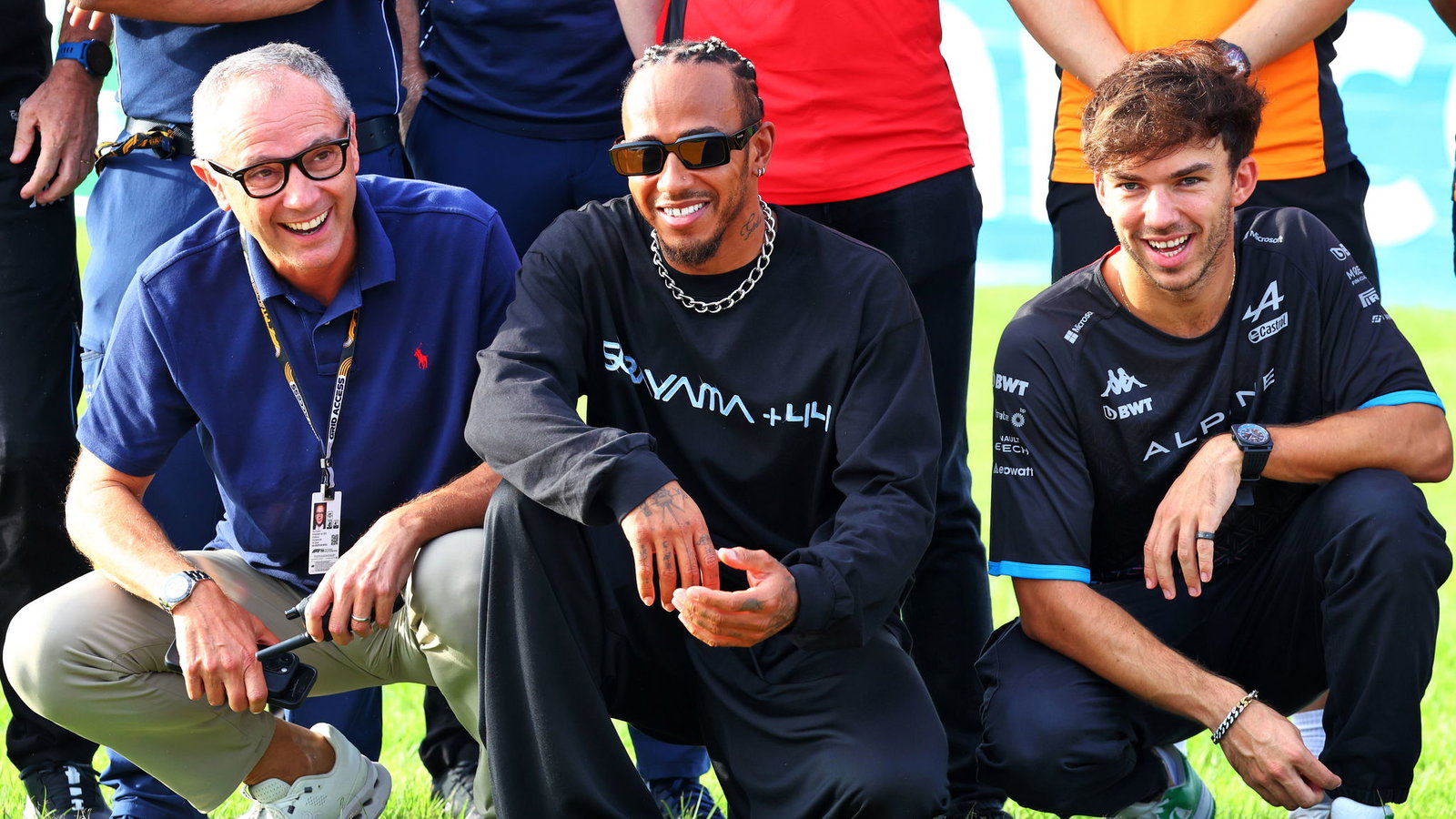 Stefano Domenicali with Lewis Hamilton and Pierre Gasly