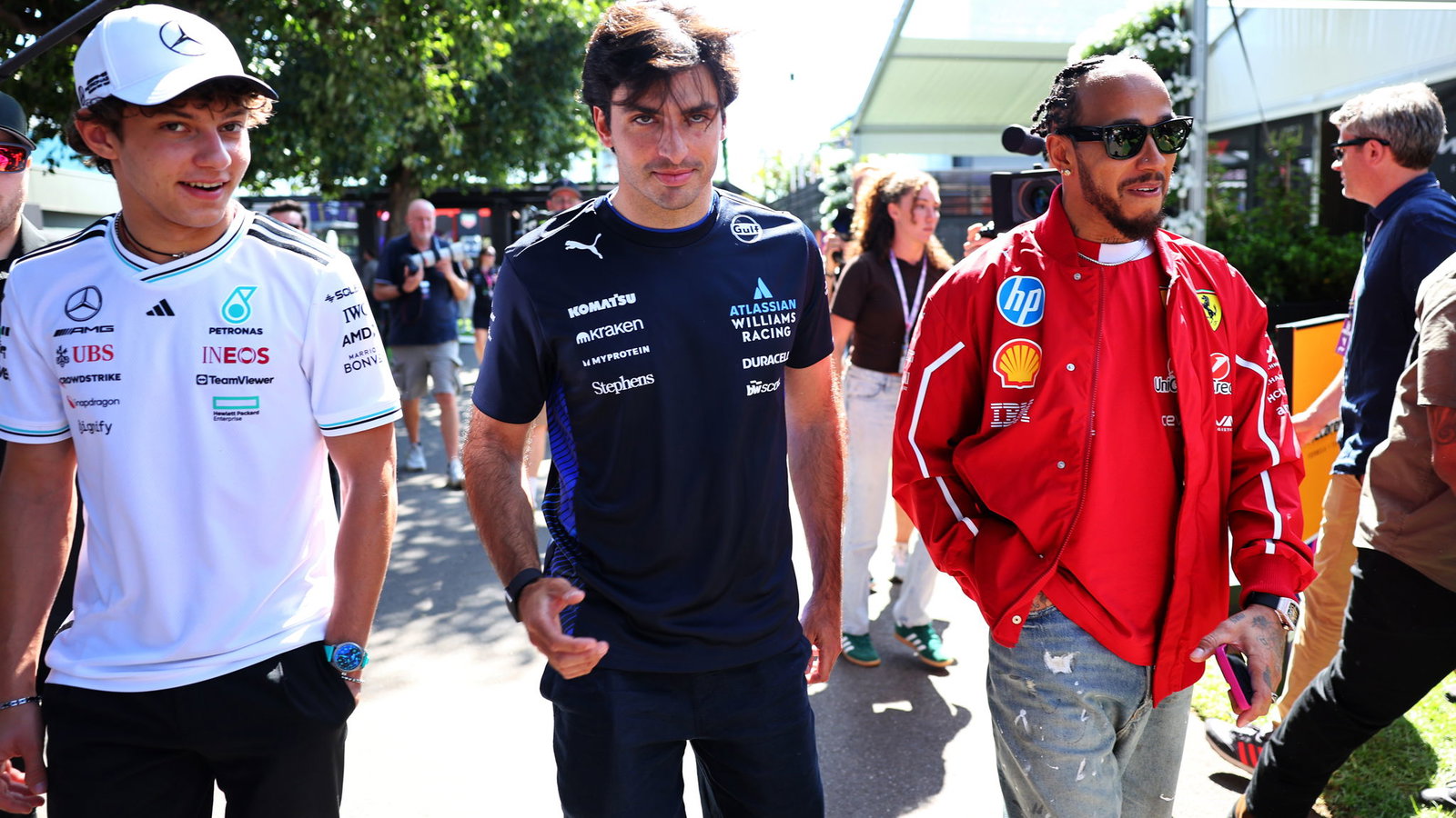 Kimi Antonelli alongside Alex Albon and Lewis Hamilton
