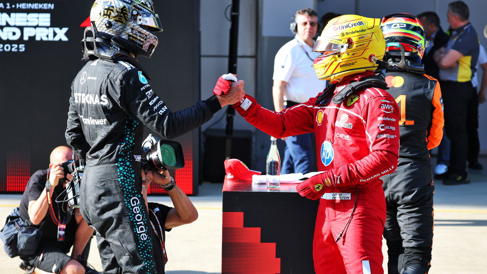 George Russell congratulates former Mercedes teammate Lewis Hamilton