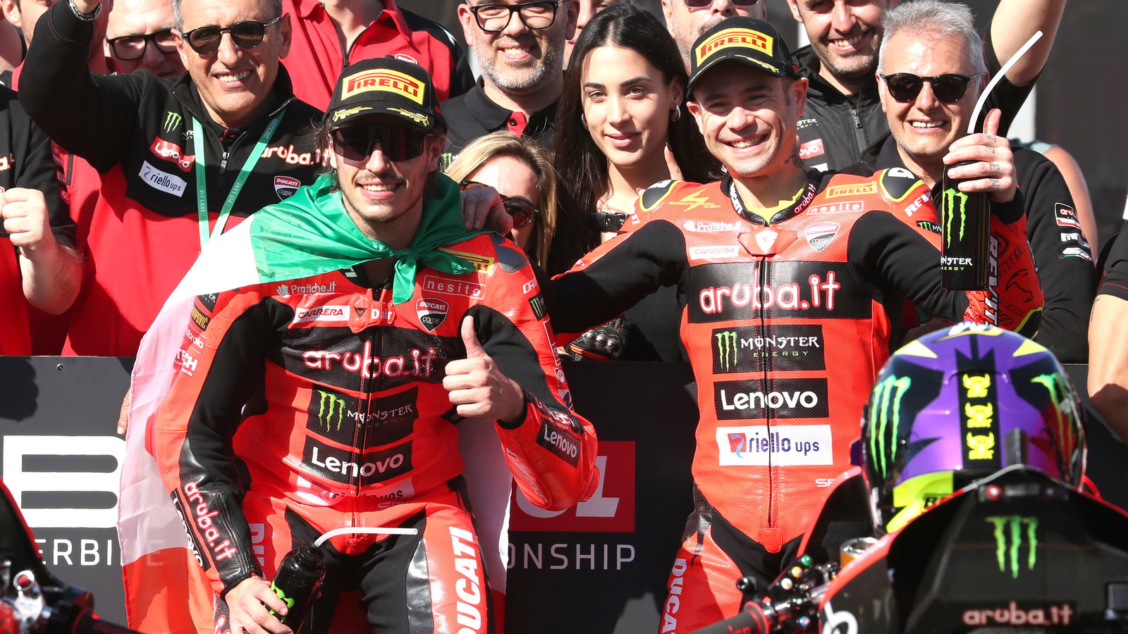 Nicolo Bulega, Alvaro Bautista, 2025 Alstralian WorldSBK, parc ferme. Credit: Gold and Goose.