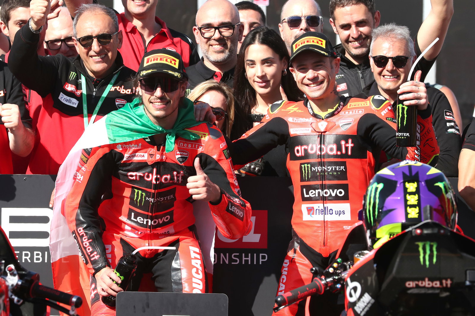 Nicolo Bulega, Alvaro Bautista, 2025 Alstralian WorldSBK, parc ferme. Credit: Gold and Goose.