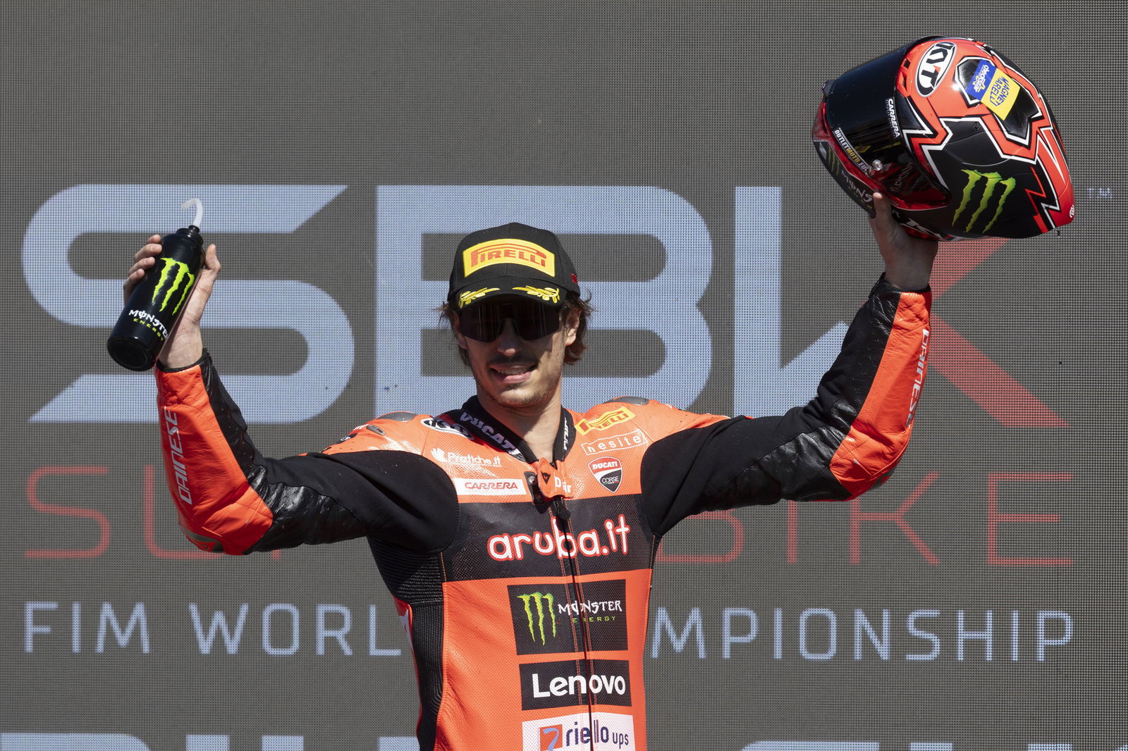 Nicolo Bulega, 2025 Portuguese WorldSBK, podium. Credit: Gold and Goose.