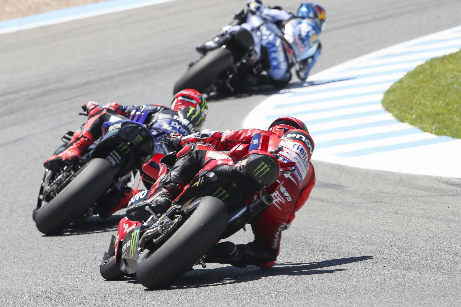 Francesco Bagnaia trails Fabio Quartararo, Alex Marquez, 2025 MotoGP Spanish Grand Prix. Credit: Gold and Goose.