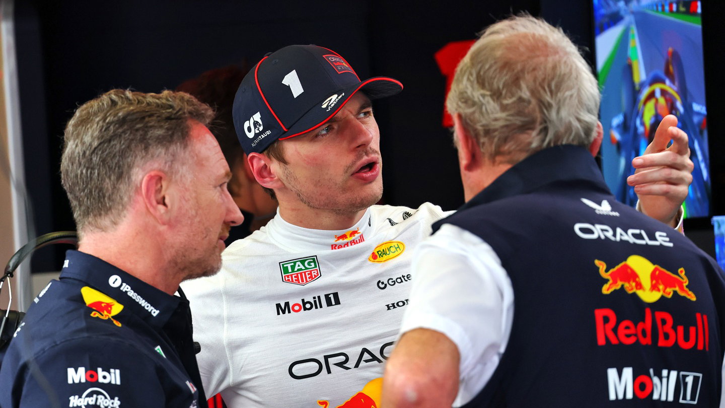 Max Verstappen, Christian Horner and Helmut Marko
