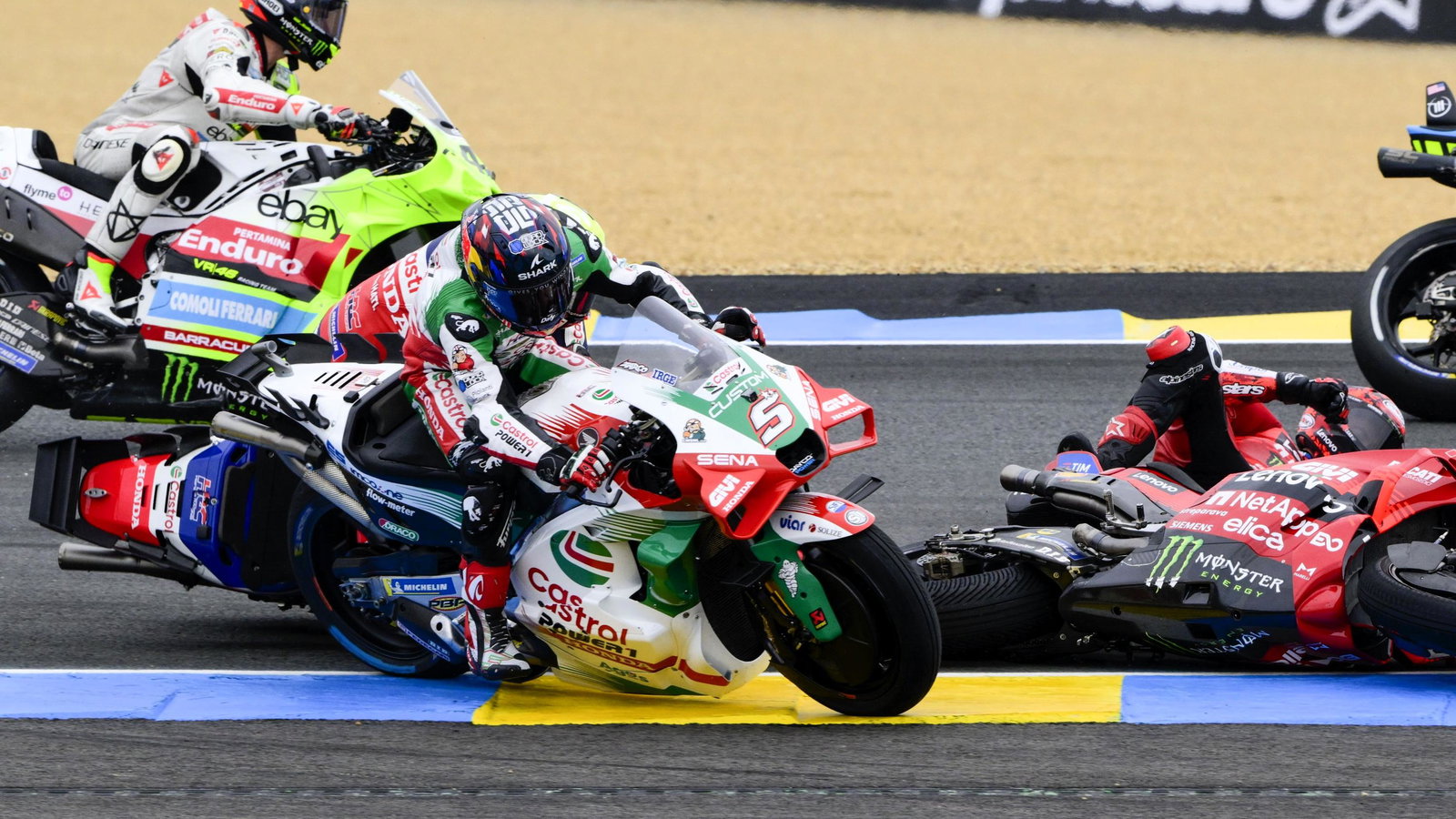 Zarco forced off as Mir and Bagnaia fall, Turn 1, 2025 French MotoGP