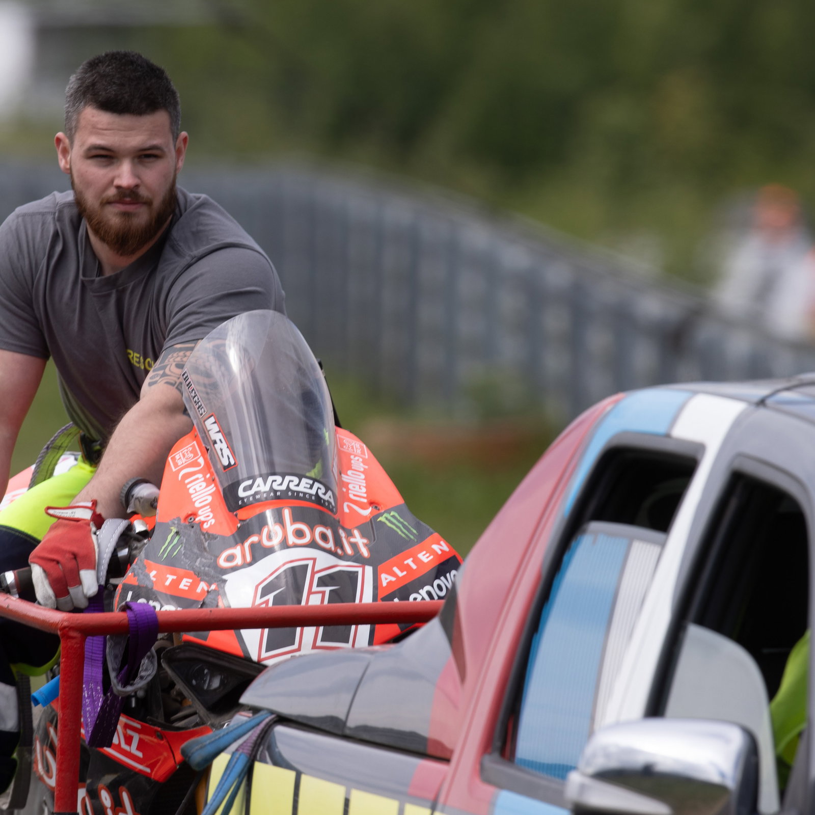 Nicolo Bulega's bike on the back of a recovery truck, 2025 Czech WorldSBK. Credit: Gold and Goose.