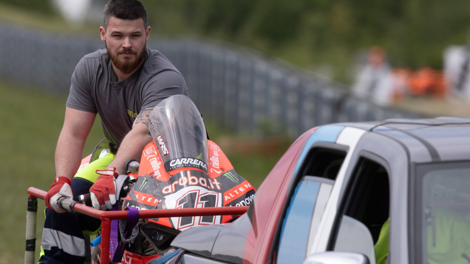 Nicolo Bulega's bike on the back of a recovery truck, 2025 Czech WorldSBK. Credit: Gold and Goose.