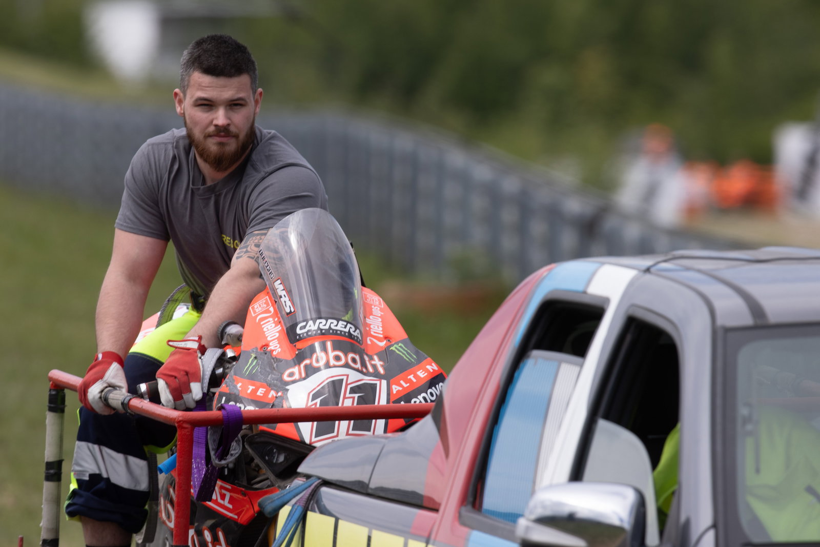 Nicolo Bulega's bike on the back of a recovery truck, 2025 Czech WorldSBK. Credit: Gold and Goose.