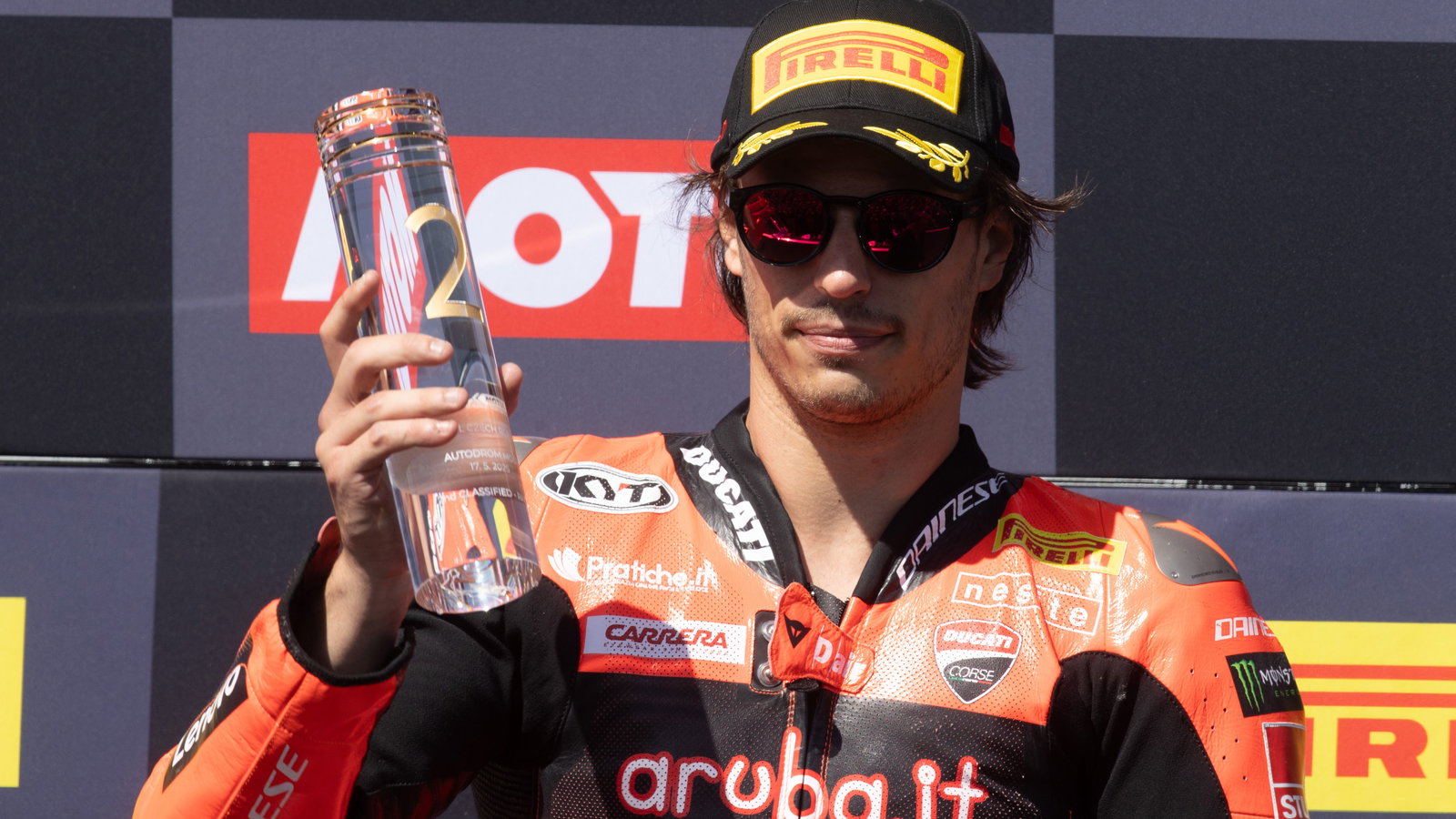 Nicolo Bulega, 2025 Czech WorldSBK, podium. Credit: Gold and Goose.