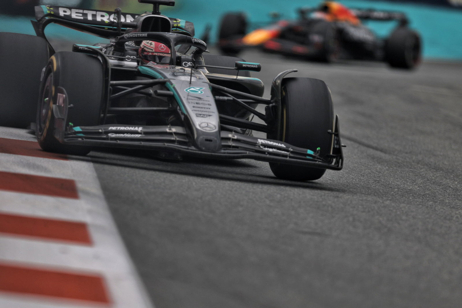 George Russell beat Max Verstappen to third in Miami 