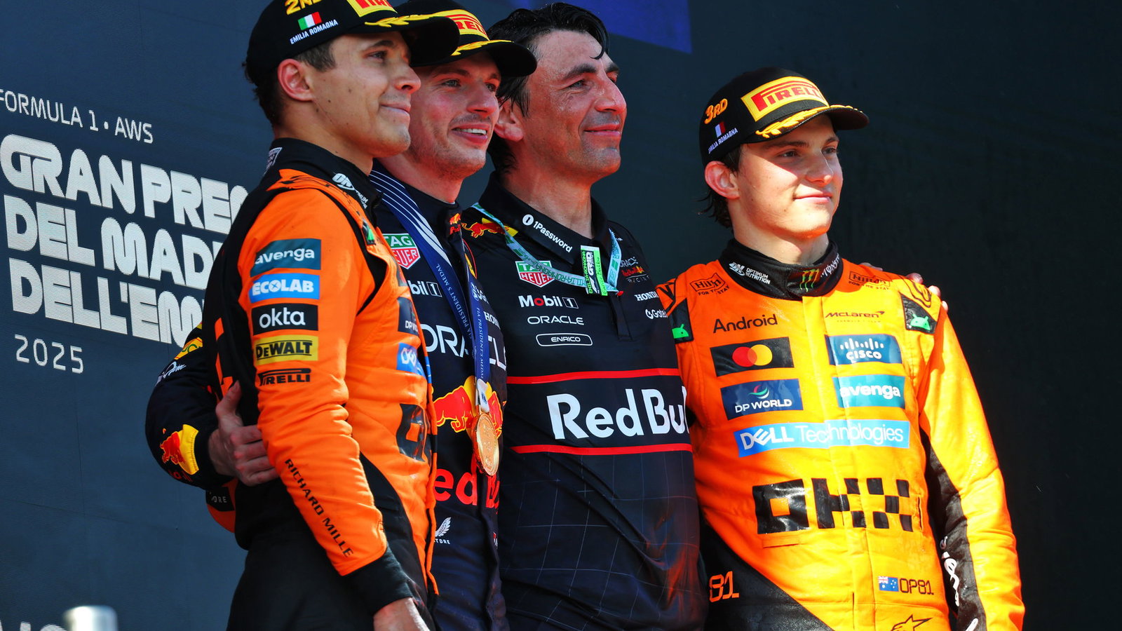 Max Verstappen and the two McLaren drivers on the Imola podium