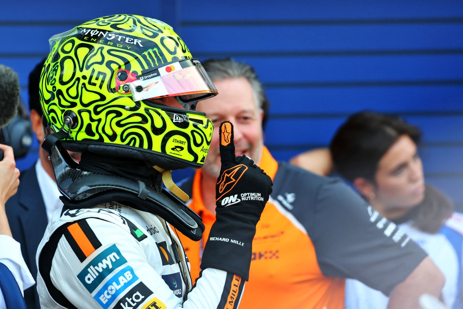 Lando Norris celebrates his first pole since Australia